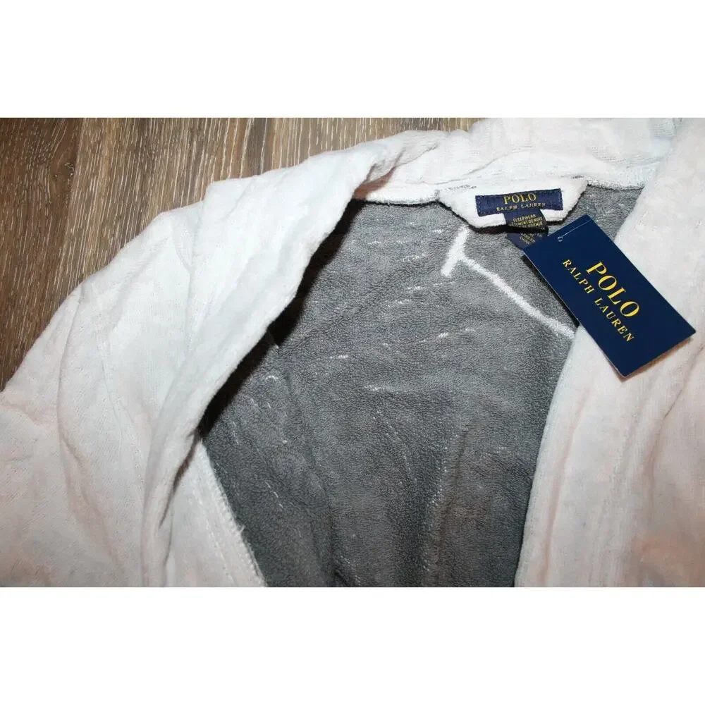 NWT RALPH LAUREN Large Polo Pony Plush Velour Bath Robe White‎ Gray $150